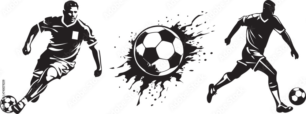 soccer player and football, vector decorative black and white - obrazy, fototapety, plakaty 
