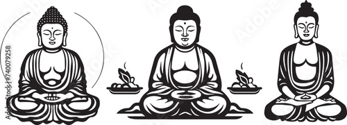 meditating buddha statue, colorless vector, full silhouette in sitting position