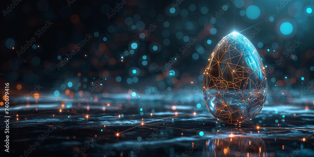Easter Egg made from lines and glowing dots in blue and golden colors. Digital technological style.  - obrazy, fototapety, plakaty 