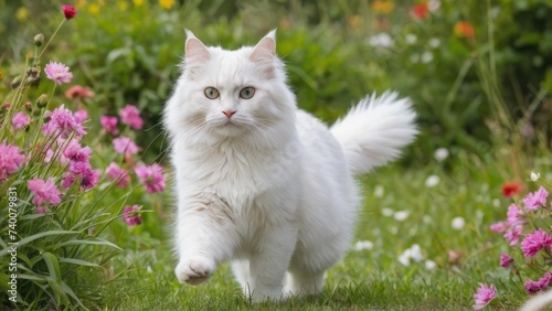 White siberian cat in flower field