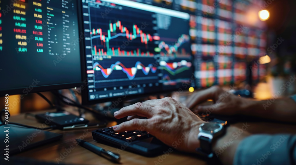 Close up of businessman analyzing business diagram, marketing statistics and finance market graphs on laptop monitor in the office. Close up of businessman analyzing business diagram, marketing statistics and finance market graphs on laptop monitor in the office.