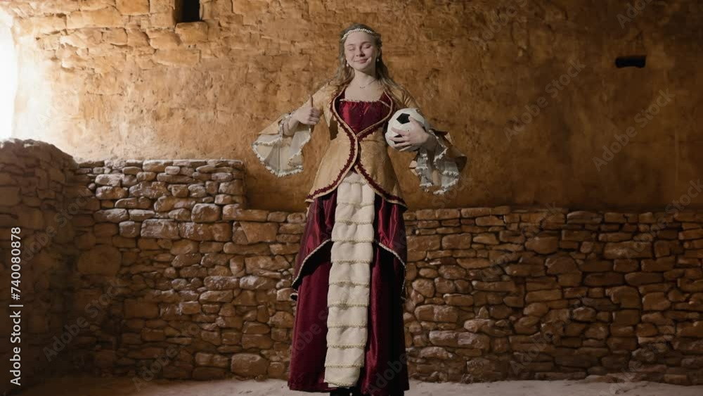 Woman in ancient outfit on background of historic interior. Female in renaissance style dress holding football ball smiles shows thumb up. Woman in ancient outfit on background of historic interior. Female in renaissance style dress holding football ball smiles shows thumb up.