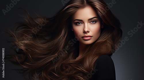 Fashion Model Girl Portrait with Long Blowing Hair. Glamour Beautiful Woman with Healthy and Beauty Brown Hair