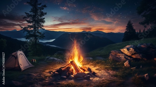 Exploring the wilderness in summer. A glowing camp fire at dusk providing comfort and light to appreciate nature, good times and the night sky full of stars. Photo composite