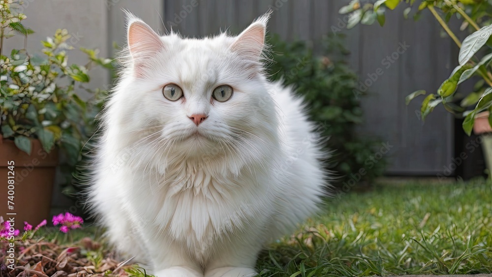 White siberian cat in the garden
