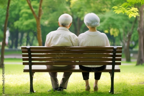 An elderly couple sitting closely together on a park bench, enjoying a peaceful moment.