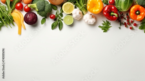 Fresh vegetables, fruits, microgreens and herbs for cooking healthy meals at home. Food frame with copy space, top view