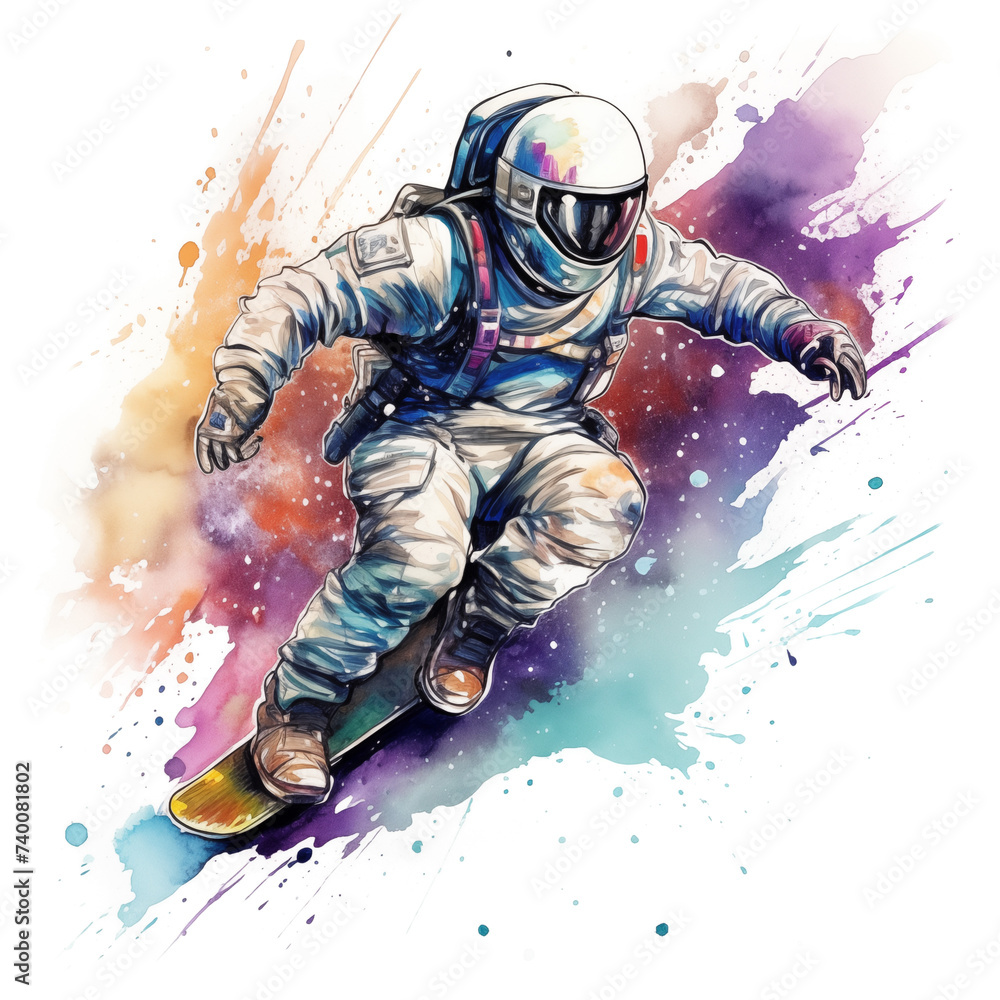Watercolor illustration of an astronaut skateboarding in space isolate on transparent background Watercolor illustration of an astronaut skateboarding in space isolate on transparent background
