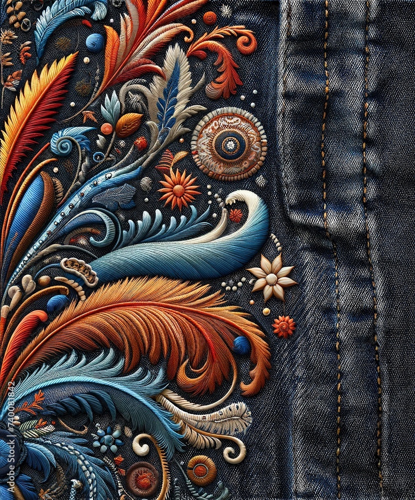Obraz premium デニム生地にボタニカルの刺繍