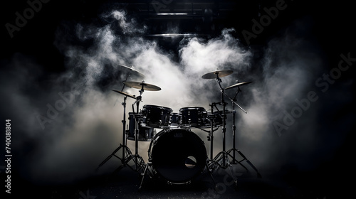 black and white smoke,, Drum set on stage for band with spot lighting spotlight, dark background