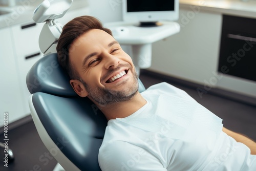Smiling man having a comfortable experience at the dentist's chair.