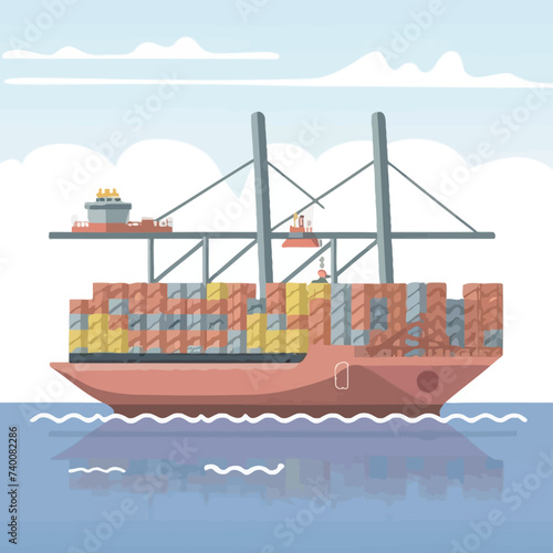2d vector illustration colorful Land and sea transport techniques, methods and technological tools for transporting and shipping goods and products and logistic 

