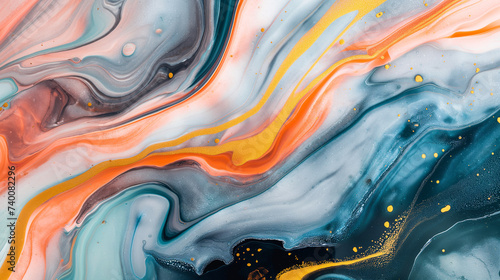 Abstract swirls of blue and gold paint create a flowing liquid texture