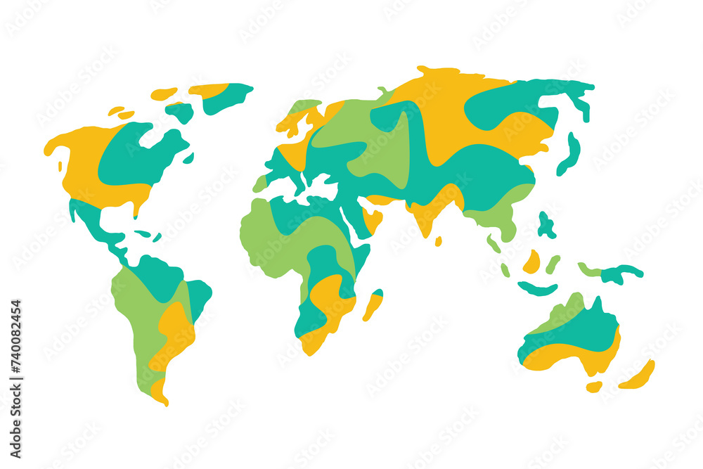 Vector Doodle Style World Map in Green, Turquoise and Orange Colors. Isolated on White Background.