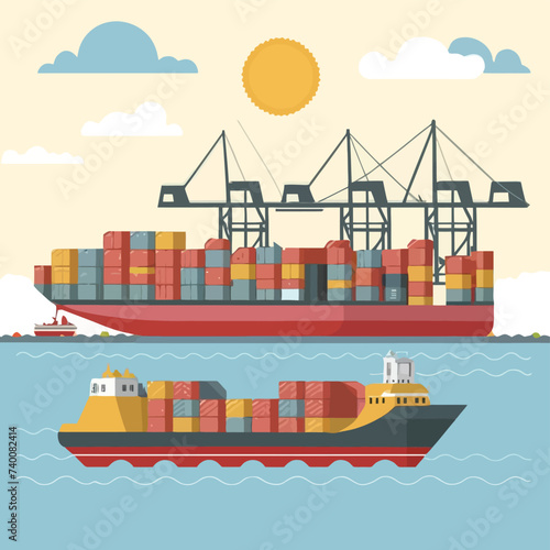 2d vector illustration colorful Land and sea transport techniques, methods and technological tools for transporting and shipping goods and products and logistic 

