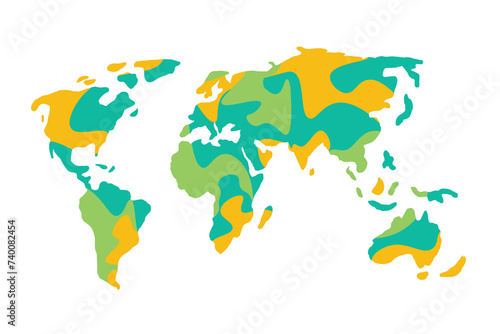 Vector Doodle Style World Map in Green  Turquoise and Orange Colors. Isolated on White Background.