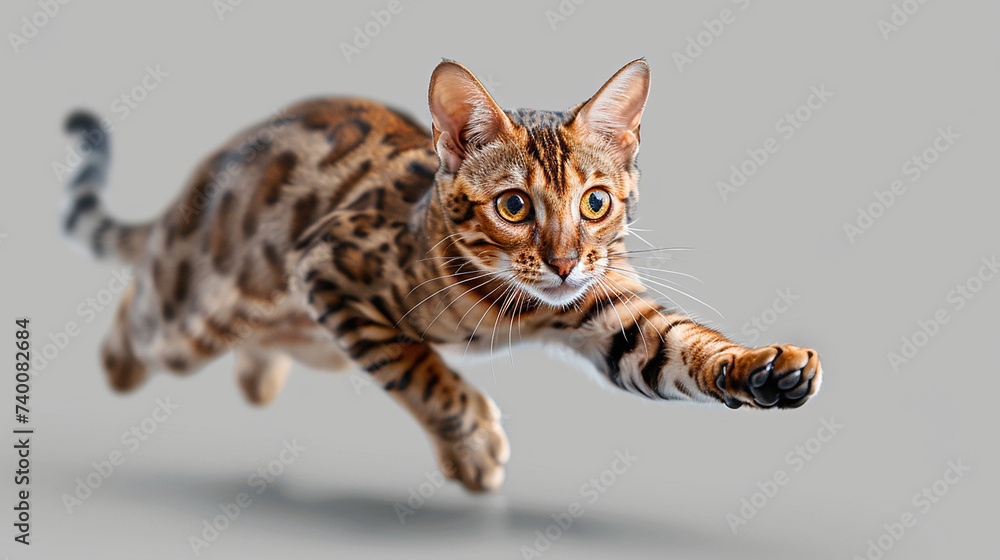 Agile Bengal cat leaping gracefully through the air with precision on transparent background.png format. 