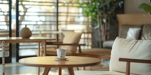 Cozy Coffee Shop Interior with Morning Light. Warm sunlight in through a cozy coffee shop  steaming cup of coffee  wooden table  soft sofa chairs.