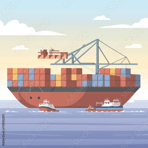2d vector illustration colorful Land and sea transport techniques, methods and technological tools for transporting and shipping goods and products and logistic 

