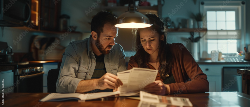 a man and woman sitting at a table reading a newspaper