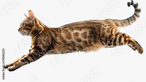 Agile Bengal cat leaping gracefully through the air with precision on transparent background.png format. 