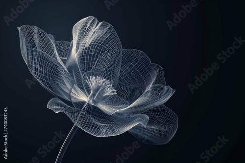 A single wireframe flower against a dark background, combining nature and technology.
