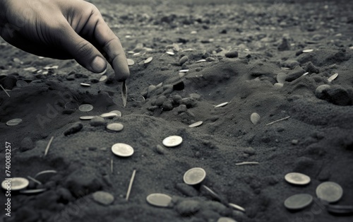 Reviving Hope: A Hand Sowing Seeds on Barren Ground with Each Sprout photo