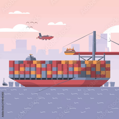 2d vector illustration colorful Land and sea transport techniques, methods and technological tools for transporting and shipping goods and products and logistic 


