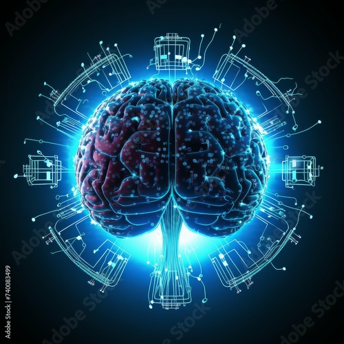 Digital brain with circuitry and data flow, AI concept.
