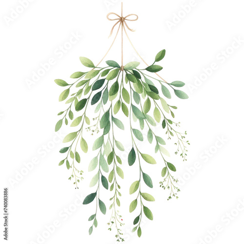 Watercolor illustration of mistletoe with a bow  hanging against a black background.