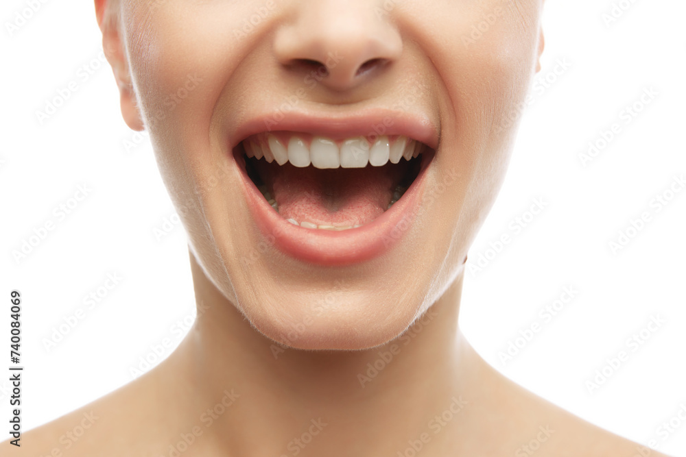 Cropped portrait of female opened mouth with white and healthy teeth. Happy customer in dental clinic. Concept of natural beauty, anti aging, oral health and hygiene, cosmetology, female health. Ad Cropped portrait of female opened mouth with white and healthy teeth. Happy customer in dental clinic. Concept of natural beauty, anti aging, oral health and hygiene, cosmetology, female health. Ad