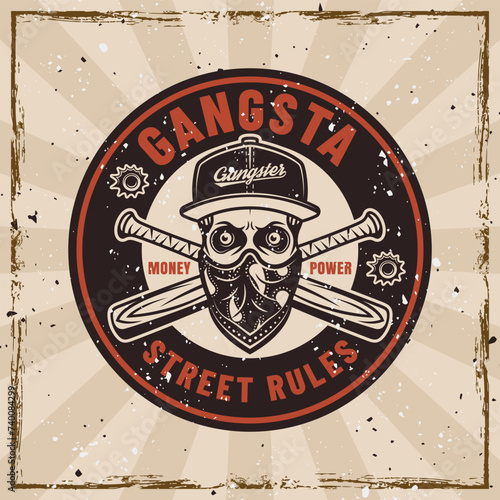 Gangster vector emblem in vintage style with skull in cap and bandana on face and crossed baseball bats. Illustration on background with removable grunge textures