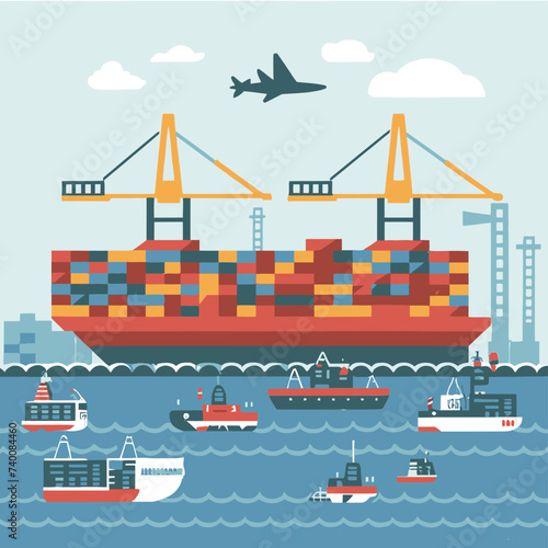 2d vector illustration colorful Land and sea transport techniques, methods and technological tools for transporting and shipping goods and products and logistic 

