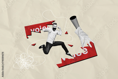 Creative photo collage running young frustrated man can't speak no voice authority control domination influence force manipulation