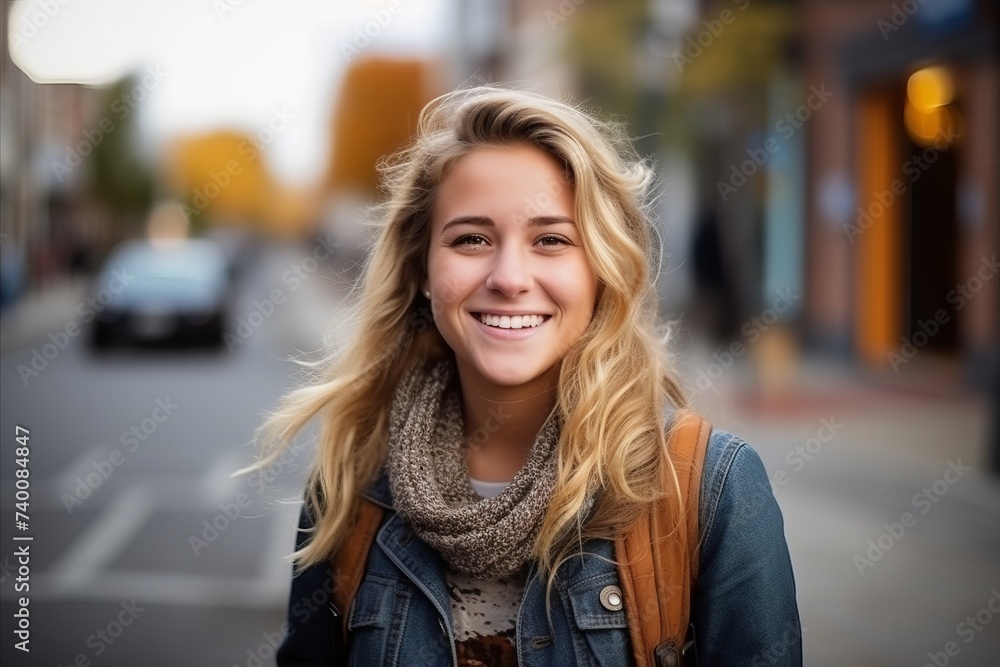 Portrait of a beautiful young woman smiling at the camera on the street Portrait of a beautiful young woman smiling at the camera on the street