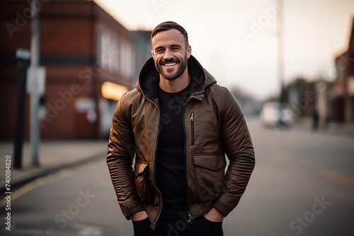 Portrait of a handsome young man with a beard wearing a leather jacket.