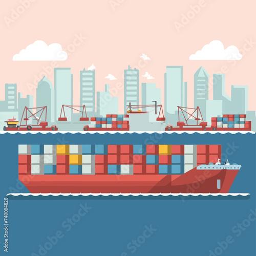 2d vector illustration colorful Land and sea transport techniques, methods and technological tools for transporting and shipping goods and products and logistic 


