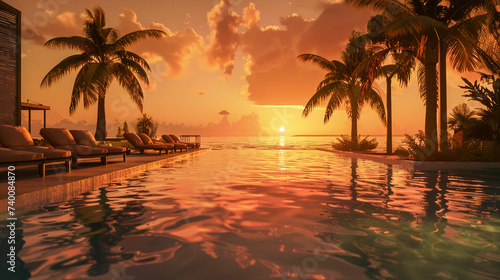 a pool with lounge chairs and palm trees at sunset