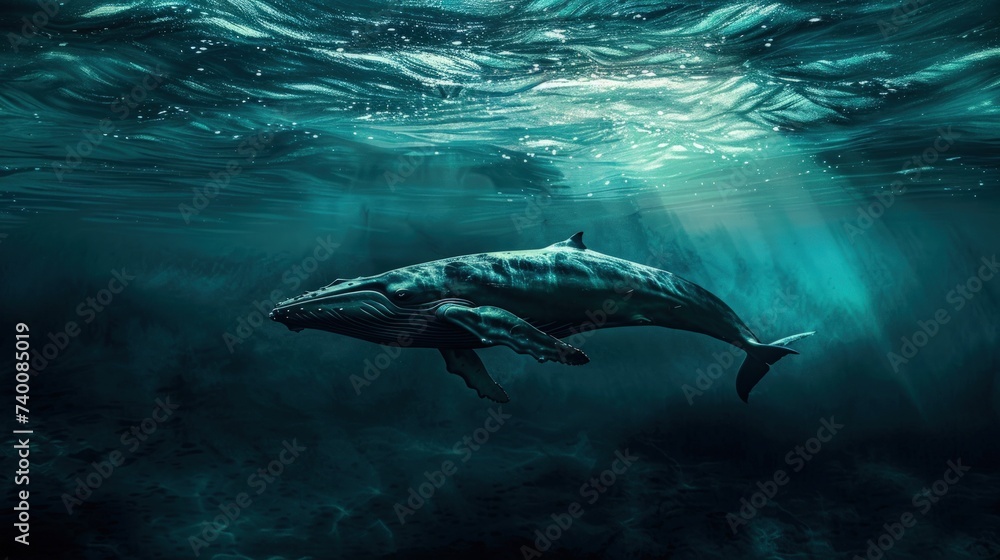 Fototapeta premium whale swims in the water, jumps out of the water against the background of ice. Background with the image of cart animals for advertising travel, scuba diving, desktop wallpaper.