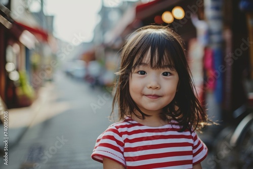 Portrait of cute little girl in the city. Asian child.