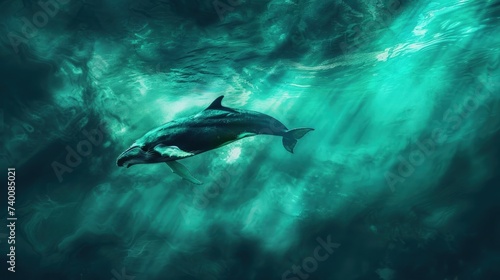 whale swims in the water, jumps out of the water against the background of ice. Background with the image of cart animals for advertising travel, scuba diving, desktop wallpaper.