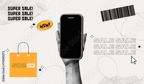 Trendy Halftone Collage Super Sale poster. Hand holding Phone with social media promotion and sale. Special discount offer. Online shopping. Announcement and marketing. Contemporary vector art
