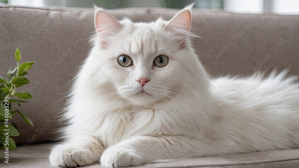 White siberian cat lying on sofa at home