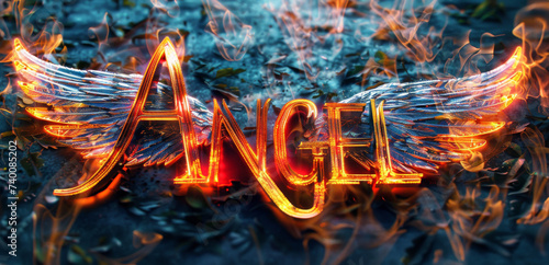 Text  Angel  neon glowing  stylized angel wings on a absrtract background Pair of angel or bird wings art background.