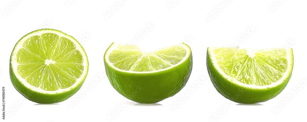 Lime isolated. Lime half, slice, piece isolate on white. Lime set. With clipping path. Full depth of field. Focus stacking, Generative AI