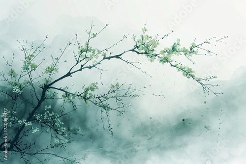 Spring Chinese style ink style landscape painting, hand-painted national style artistic conception tree branch illustration