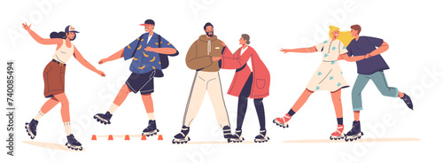 Roller Skater Male And Female Characters Glide And Balancing On Four Wheels Arranged In Pairs On Each Boot