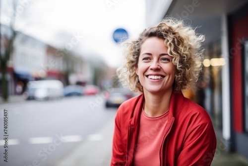 Portrait of a beautiful young woman with curly hair smiling in the street © Stocknterias