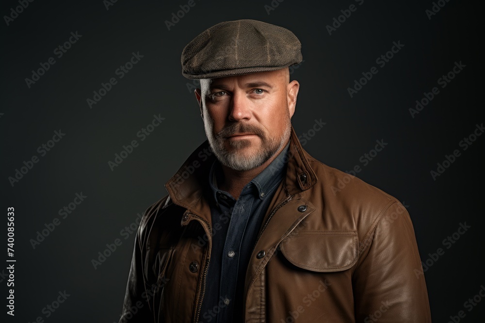 Portrait of a brutal man in a brown leather jacket and cap on a dark background. Men's beauty, fashion. Portrait of a brutal man in a brown leather jacket and cap on a dark background. Men's beauty, fashion.