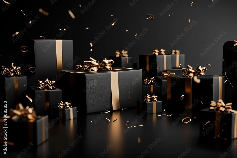 Black Arranged Gifts boxes with black ribbon and bow on black background. Black Friday concept, Generative AI